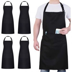Shining House - 4 Pack Chef Tabliers, Noir Tablier avec 2 Poches, Etanche R&eacute;glable Tablier pour Homme Femme,Tablier Cuisine Professionnel pour