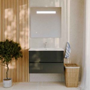 Cuisibane - Meuble salle de bain 80 cm rosaly avec plan vasque et miroir Elégance ht80- Gris- Plan vasque en Céramique