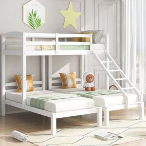 Lit superposé 90x200cm, lit enfant triple, 3 positions, sommier à lattes, bois, sans matelas, blanc