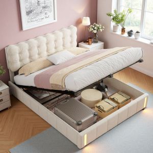 Lit coffre double 160x200 cm, bande lumineuse LED en bout de lit, fonction rangement, tissu velours, sommier &agrave; lattes, lit &agrave; rembourrage
