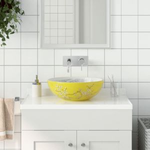 Vasque &agrave; poser-Lavabo blanc et jaune rond &Phi;41x14 cm c&eacute;ramique 920252