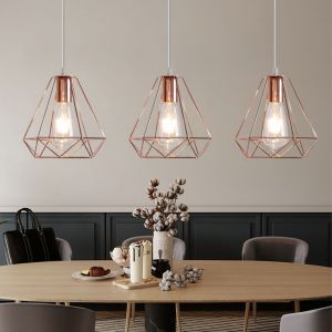 E27 M&eacute;tal Suspension Luminaire Lampe Industrielle Vintage Plafonnier Luminaire Cage Diamant Pendant Eclairage Dor&eacute; Rose 3PCS