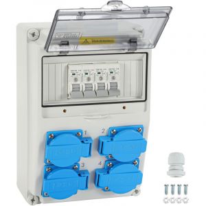 Wolketon Coffret De Chantier R&eacute;partiteur de courant de construction, r&eacute;partiteur mural avec disjoncteur, 4 prises Schuko et prise CEE 16 A,