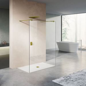 Grand Verre - Paroi de douche fixe avec deux barres de fixation 140cm en aluminium dor&eacute; 140x200