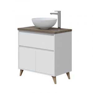 Abitare - Meuble de salle de bain au sol 80 cm 2 portes et 1 tiroir blanc brillant et orme avec vasque à poser – Viborg - Blanc brillant 80 cm Avec