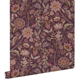 Estahome - papier peint fleurs vintage violet aubergine