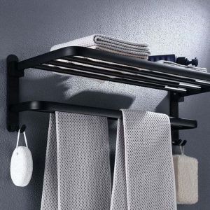 Porte Serviette Salle de Bain Pliable &agrave; 90&deg;, Porte Serviettes Murale, Barre Porte-Serviettes sans per&ccedil;age, Range Serviette &agrave; 2 Niveaux avec Etagere,
