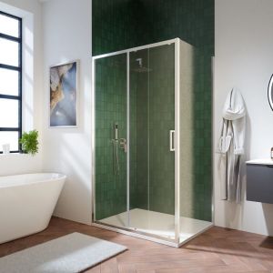 Cabine de douche 120x90 cm avec ouverture coulissante et paroi fixe Profil&eacute;s aluminium ultraslim Verre transparent 6mm avec traitement Easy-clean