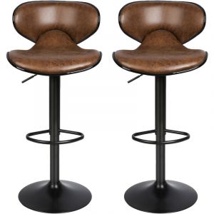 Lot de 2 Tabouret de bar Tabourets de Cuisine Chaises Rembourr&eacute;s en Su&egrave;de Marron Hauteur R&eacute;glable Rotatif &agrave; 360&deg;et avec Dossier et Repose-Pieds