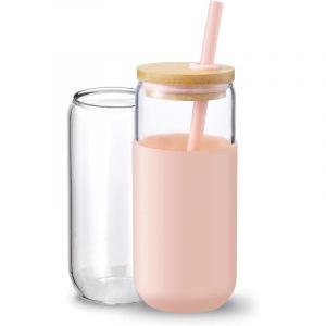 Gobelet isotherme en verre de 590 ml avec manchon de protection en silicone, paille et couvercle en bambou, id&eacute;al pour le caf&eacute; glac&eacute; (1 unit&eacute;) (rose)