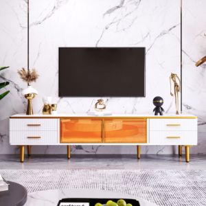 Meuble TV Blanc Meuble t&eacute;l&eacute; avec LED, Commode avec 4 tiroirs et 2 Portes en Verre tremp&eacute;, Meuble Bas Rangement pour Salon Chambre &agrave; Coucher et Couloir