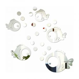 Fei Yu - Sticker Mural Acrylique 3D Poisson et Bulles Autocollants Miroir pour Chambre Salon Salle de Bain décoration Argent