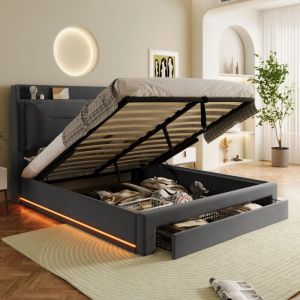 Lit coffre 140x190 cm lit double hydraulique lit adulte avec lumineux led, tiroirs de rangement et sommier à lattes, en velours, gris, sans matelas