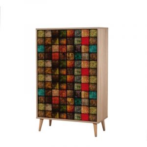 Cotecosy &ndash; Buffet haut 2 portes en bois clair damier multicolore &ndash; Dimensions L 80 x H 127 x P 36 cm &ndash; Panneaux m&eacute;lamin&eacute;s et m&eacute;tal &ndash; Rangement &eacute;l&eacute;gant