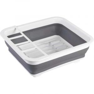 Egouttoir vaisselle pliable, &eacute;gouttoir &agrave; vaisselle plastique, porte-couverts et support assiettes, plastique, 36,5x13x31 cm, blanc - gris