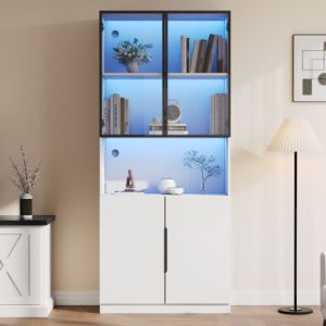 Vitrine 80x30x200 cm avec portes vitr&eacute;es, &eacute;clairage LED int&eacute;gr&eacute;, &eacute;tag&egrave;re de rangement, en panneaux de particules, blanc