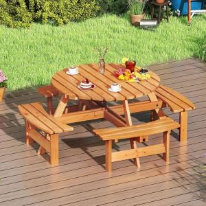 Table Pique-Nique Extérieur 8 Personnes, Table à Manger Jardin Ronde pour Patio avec 4 Bancs Intégrés, Trou Parasol 5 cm, pour Jardin, Terrasse,