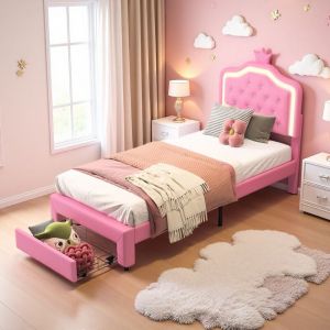 Lit Enfant simple 90x200 avec Tiroir &ndash; Lit Princesse &Eacute;clairage LED, T&ecirc;te de Lit Couronne, Sommier &agrave; Lattes &ndash; Scandinave, Rose