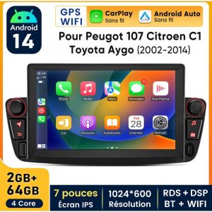 7 pouces Carplay Autoradio pour Peugeot 107/Citroen C1/Toyota Aygo Android 2+64GB JUNSUN