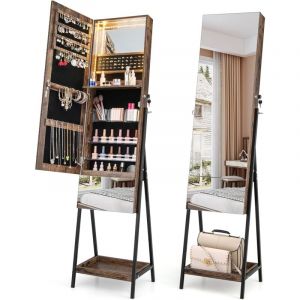 Armoire &agrave; Bijoux avec Miroir sur Pieds, Miroir Psych&eacute; hd sans Cadre, Verrouillable, Lumi&egrave;res led 3 Couleurs, &Eacute;tag&egrave;re de Rangement (Marron Rustique)