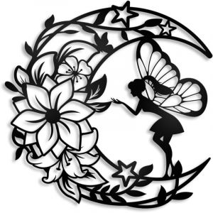Lntyq D&eacute;coration Murale M&eacute;tal Noire Deco Murale en M&eacute;tal de F&eacute;e de Fleur de Lune Sculptures D&eacute;coration Chambre des Filles Salon Jardin Salle de Bain