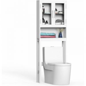 Costway - Meuble wc au-Dessus de Toilettes en Bois 3 Étagères, Meuble de Rangement avec Doubles Portes Vitrées, 57,5 x 18,5 x 163 cm