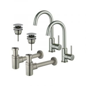 FugaFlow Eccelente Sobrado Kit robinet lavabo - pour double vasque - robinet haut - bec rotatif - bonde clic clac - siphon design bas - Inox bross&eacute;