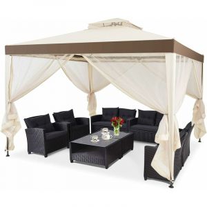Costway - Pavillon Tonnelle de Jardin de 3x3M Autoportante avec Ornements 4 Rideaux de Moustiquaire Polyester 300 x 300 x 200/265 cm Beige
