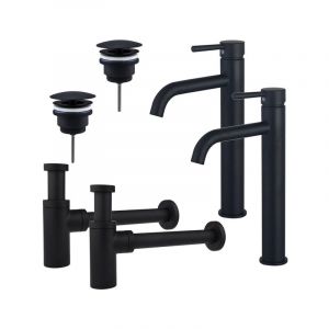 Fugaflow - Eccelente Sobrado Kit robinet lavabo - pour double vasque - robinet rehauss&eacute; - bonde non-obturable - siphon design - Noir mat