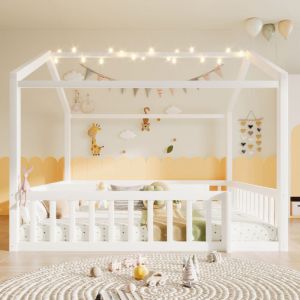 Lit jumeau 2x 90x190 cm ou 180x190 cm, avec barreaux, LED int&eacute;gr&eacute;es, t&ecirc;te de lit maison, style minimaliste, pin, blanc