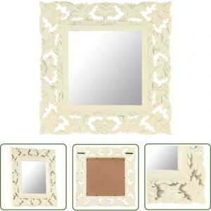 The Living Store - Miroir sculpté à la main Blanc 50x50 cm Bois de manguier massif - Miroir Décoratif - Miroir Mural - Miroir Design - Miroir Bois