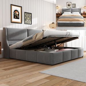 Lit coffre 140x190, lit adulte, lit double capitonn&eacute;, avec t&ecirc;te de lit, sommier &agrave; lattes, style contemporain, tissu velours, gris