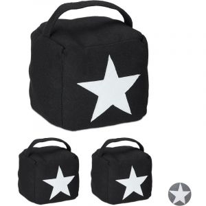 Cale porte, lot de 3, design &eacute;toile, en tissu, butoir avec poign&eacute;e, haut, d&eacute;coratif, H x L x P : 20 x 15 x 15 cm, noir