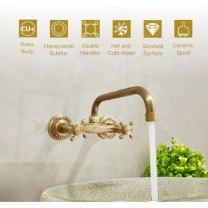 Robinet Cuisine Mural Bronze Antique, Rotatif &agrave; 360&deg; Mitigeur D'&eacute;vier Murale Laiton, Retro Double Poign&eacute;e Robinets M&eacute;langeur pour Salle de Bain