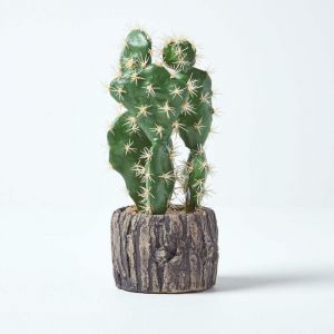 Homescapes - Petit Cactus artificiel 'Figuier de Barbarie' en pot effet bois 26 cm