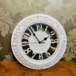 Horloge murale l&eacute;g&egrave;re de luxe r&eacute;tro de style europ&eacute;en en bois creux 12 pouces horloge cr&eacute;ative silencieuse salon simple--（Blanc）