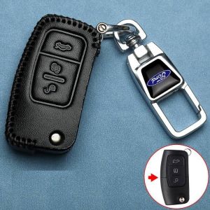 Housse en Cuir pour Clé Ford 3 Boutons avec Porte-Clés Fiesta Focus Galaxy Fusion S-Max Kuga Ecosport Étui de Protection Cover Coque pour