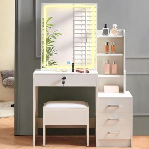 Jymtom - Commode avec lumière led et miroir, avec tabouret et commode blanche avec 4 tiroirs et 5 compartiments, coiffeuse de chambre