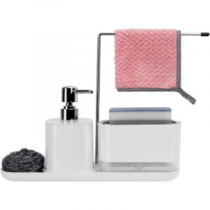 5 en 1 Distributeur Liquide Vaisselle Cuisine Organisateur d'&eacute;vier de Cuisine Blanc Porte-&eacute;ponge de Qualit&eacute; Distributeur Savon Liquide Mains Porte
