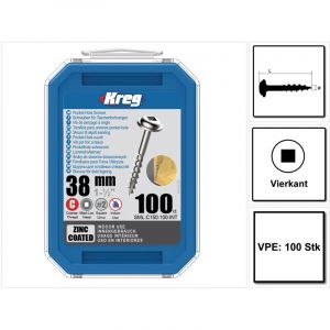 Kreg - Vis &agrave; t&ecirc;te bomb&eacute;e Pocket-Hole 38mm 100 pces ( SML-C150-100 ) Entra&icirc;nement carr&eacute; Filetage partiel Filetage grossier autotaraudeur galvanis&eacute;