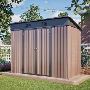 Abri de Jardin M&eacute;tal 2,4&times;1,2 m &ndash; Double Porte 2 Fen&ecirc;tres, Toit Appentis, Kit de Sol Inclus &ndash; Marron