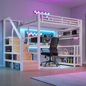 Lit mezzanine 140x200 cm avec bureau, &eacute;tag&egrave;res, rangements suspendus, &eacute;clairage LED, escalier tiroirs, 2 USB + Type-C, m&eacute;tal, blanc