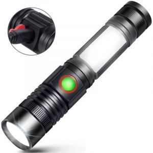 Torche Lampe de Poche LED USB Rechargeable Puissante Militaire Lampe COB Portable Zoomable Torche pour Auto Garage Atelier Camping Bricolage (Pile
