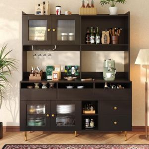 Buffet de cuisine 145 cm - buffet haut avec 3 portes et 6 tiroirs, pieds en m&eacute;tal, grand espace de rangement, - design moderne - bois Noir