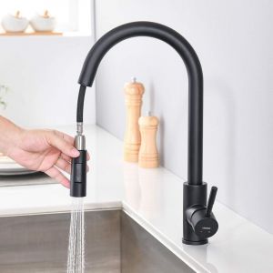 Robinet de Cuisine Noir avec Douchette Extractible et 2 Modes de Pulvérisation Robinet d'Évier à Haut Bec Orientable 360° Mitigeur Cuisine en Acier