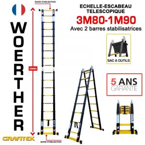 Woerther - Echelle-escbeau télescopique3m80/1m90 avec barre stabilisatrice - Avec sac porte outils - Charge maximal 150Kg - Garantie 5 ans