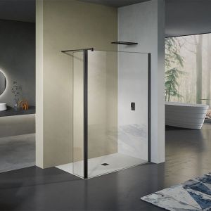 Grand Verre - Paroi de douche italienne avec retour pivotant 50cm et barre de fixation 90cm en alu noir mat 100x200