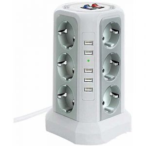 Tour multiprise parafoudre et surtension, Multiprise Electrique avec 5 Ports usb et 12 Prises, multiprise avec et 3 Interrupteurs, blanc + gris