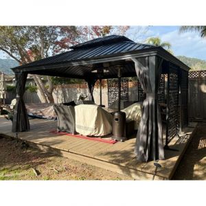 Purple Leaf Pergola Aluminium Hardtop avec LED, Rideaux et Moustiquaires &ndash; Tonnelle &agrave; Double Toit en Acier Galvanis&eacute; &ndash; Pavillon Ext&eacute;rieur 4,25 x 3,65