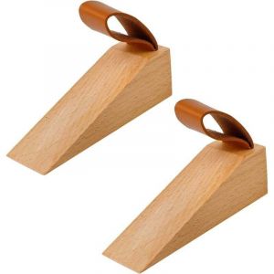 2 Pi&egrave;ces Cale Porte Bois, Bois de H&ecirc;tre Cale Porte, avec Coussinet en Silicone Antid&eacute;rapant, Grain Lisse, avec Poign&eacute;e en Cuir, pour Espaces de Porte